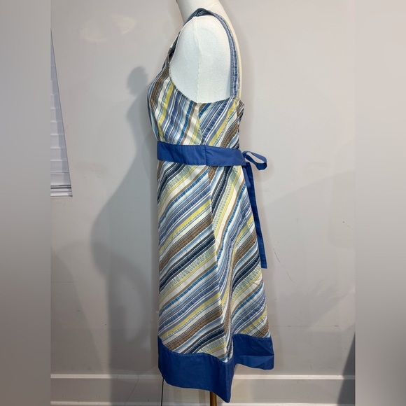 Patagonia Size 10 Netty V-neck Striped Tie Back Midi Dress - Blue, Yellow, Brown - Picture 4 of 9